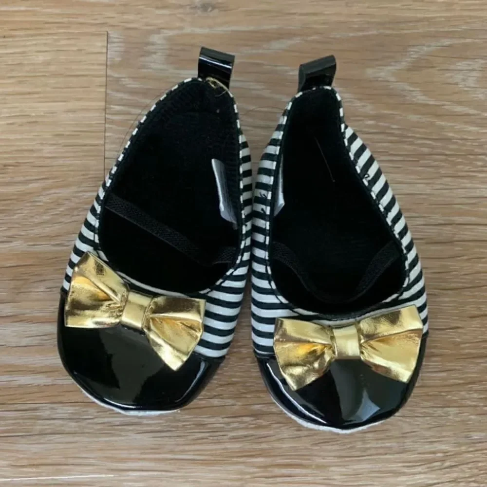 HB 6-12 Months Black Striped Patent Gold Bow Baby Girl Shoes